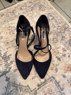 Dune Navy Pointed Toe Ankle Strap Heels